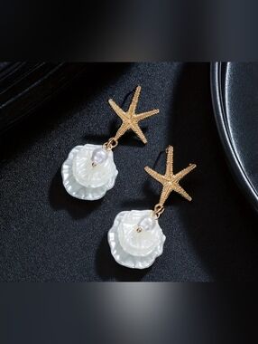 Gold Starfish with White Shell Pearl Drop Earrings NIP!